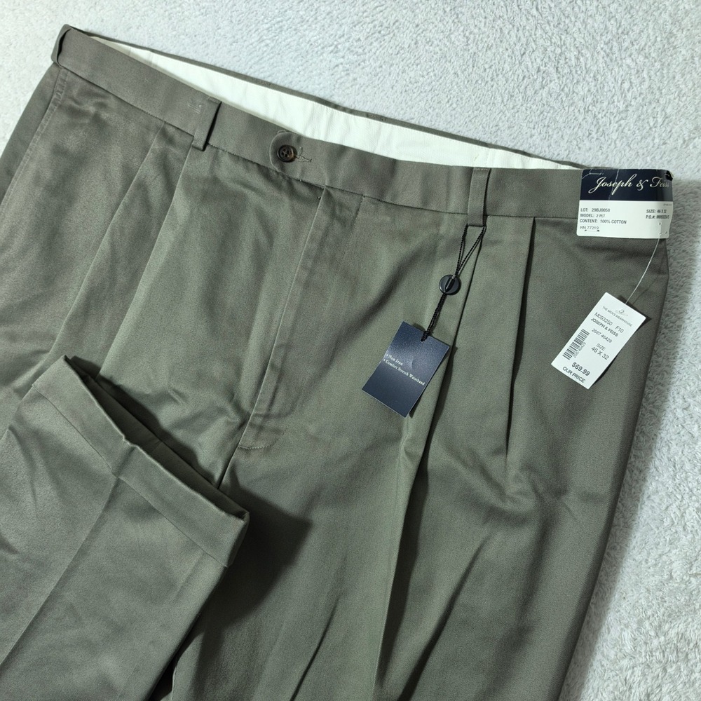 NEW Joseph &‎ Feiss Dress Pants Mens 46/32 Olive Green Pleated Cuffed Non-Iron